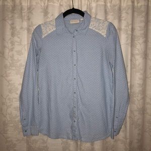 Lace Detail Button Down Shirt w/ Polkadots